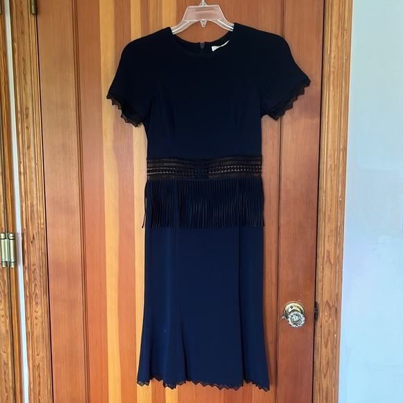 Jonathan Simkhai Navy Blue Crochet Fringe Fluted Bodycon Dress Midi - Picture 9 of 11